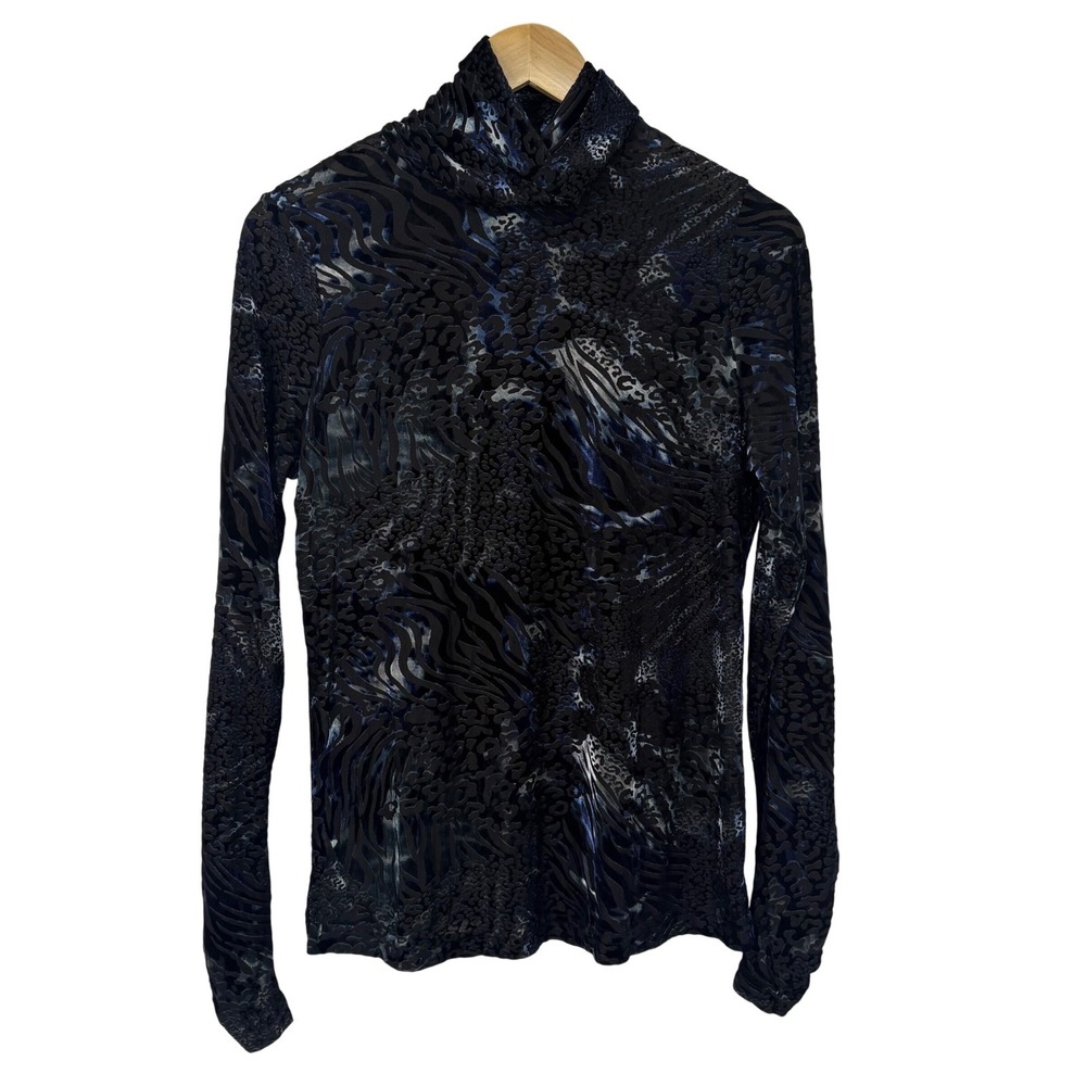 Sno Skins Women Large Mock Neck Animal Print Burnout Velvet Top Black Blue USA